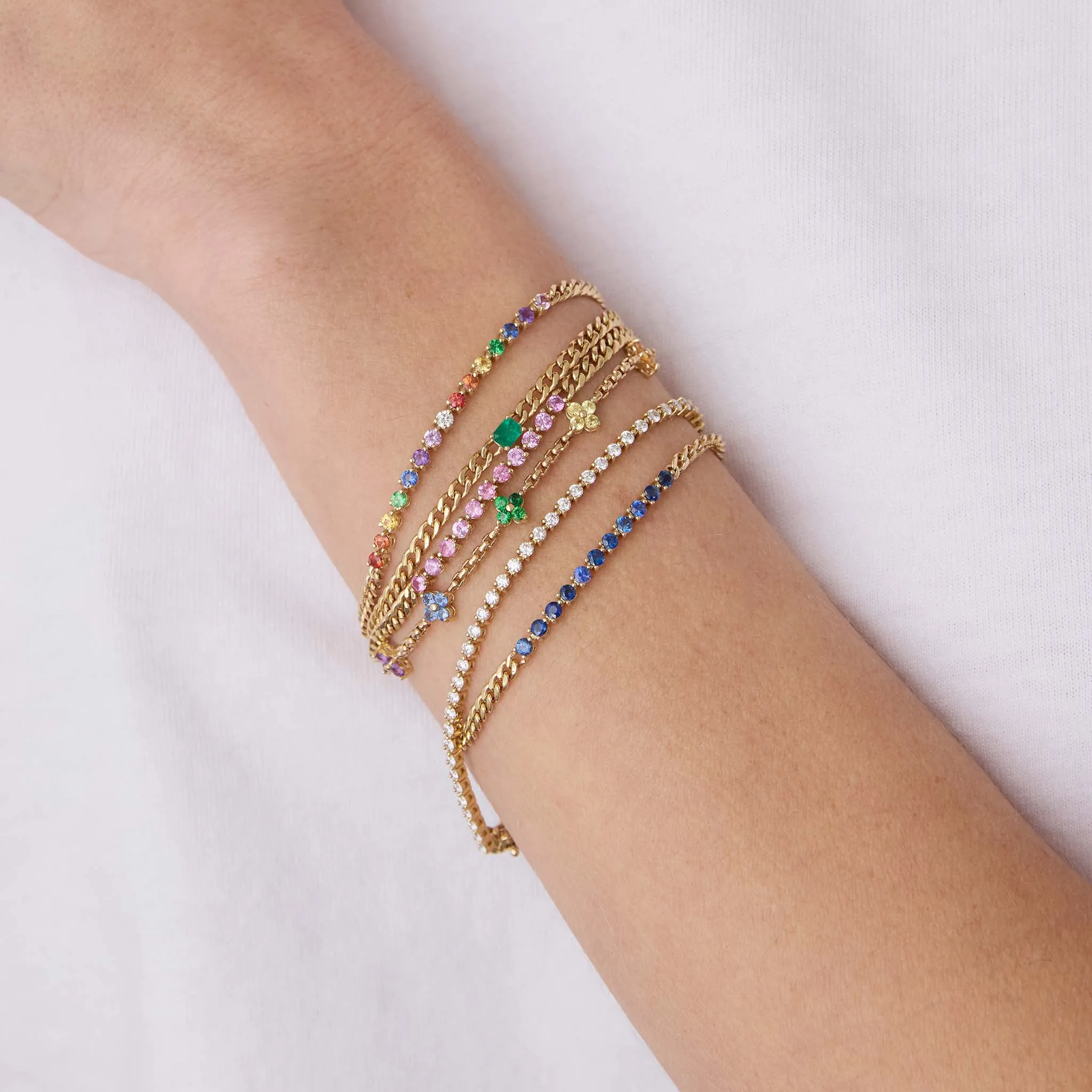 14k Rainbow Sapphire Tennis Segment Small Curb Chain Bracelet