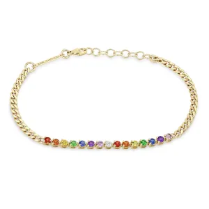 14k Rainbow Sapphire Tennis Segment Small Curb Chain Bracelet