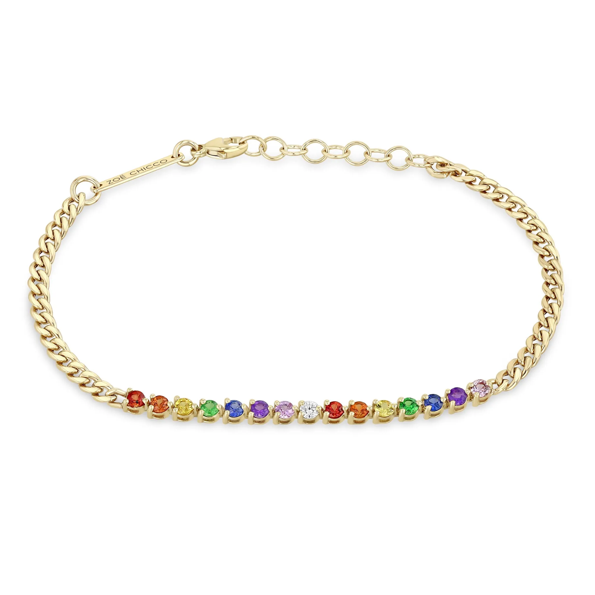 14k Rainbow Sapphire Tennis Segment Small Curb Chain Bracelet