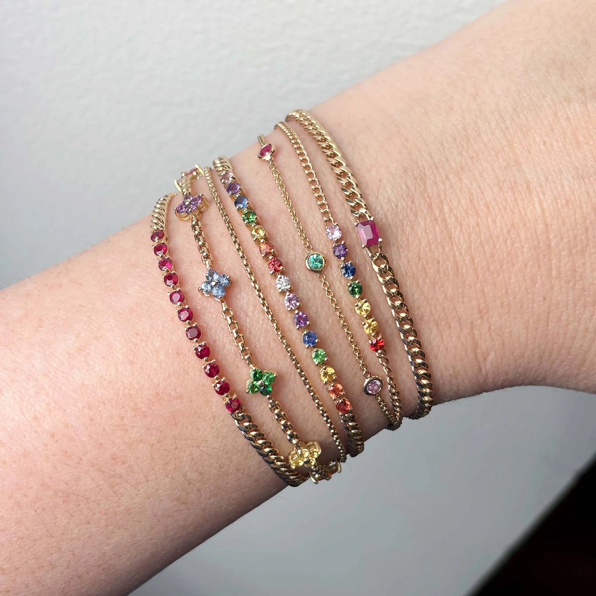 14k Rainbow Sapphire Tennis Segment Small Curb Chain Bracelet