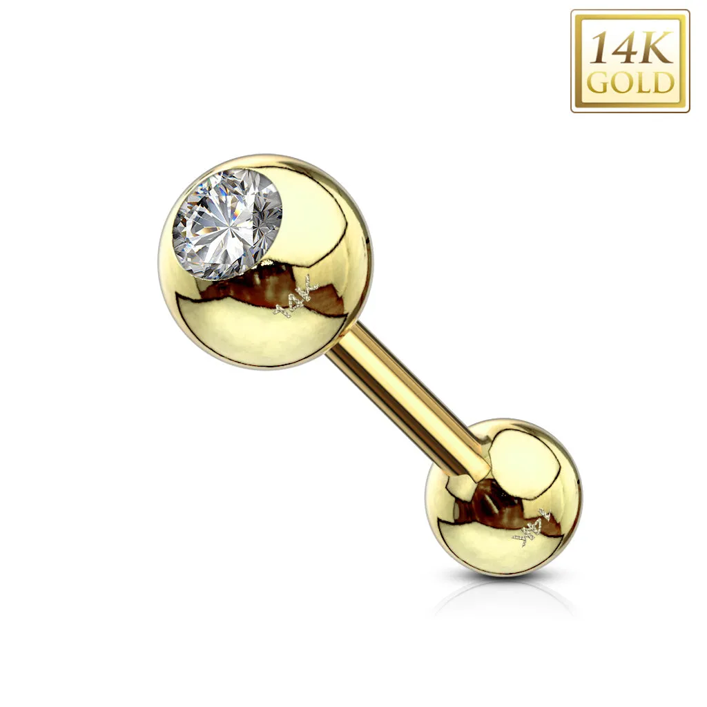 14K Solid Gold Clear CZ Ball Top Barbells 16 Gauge