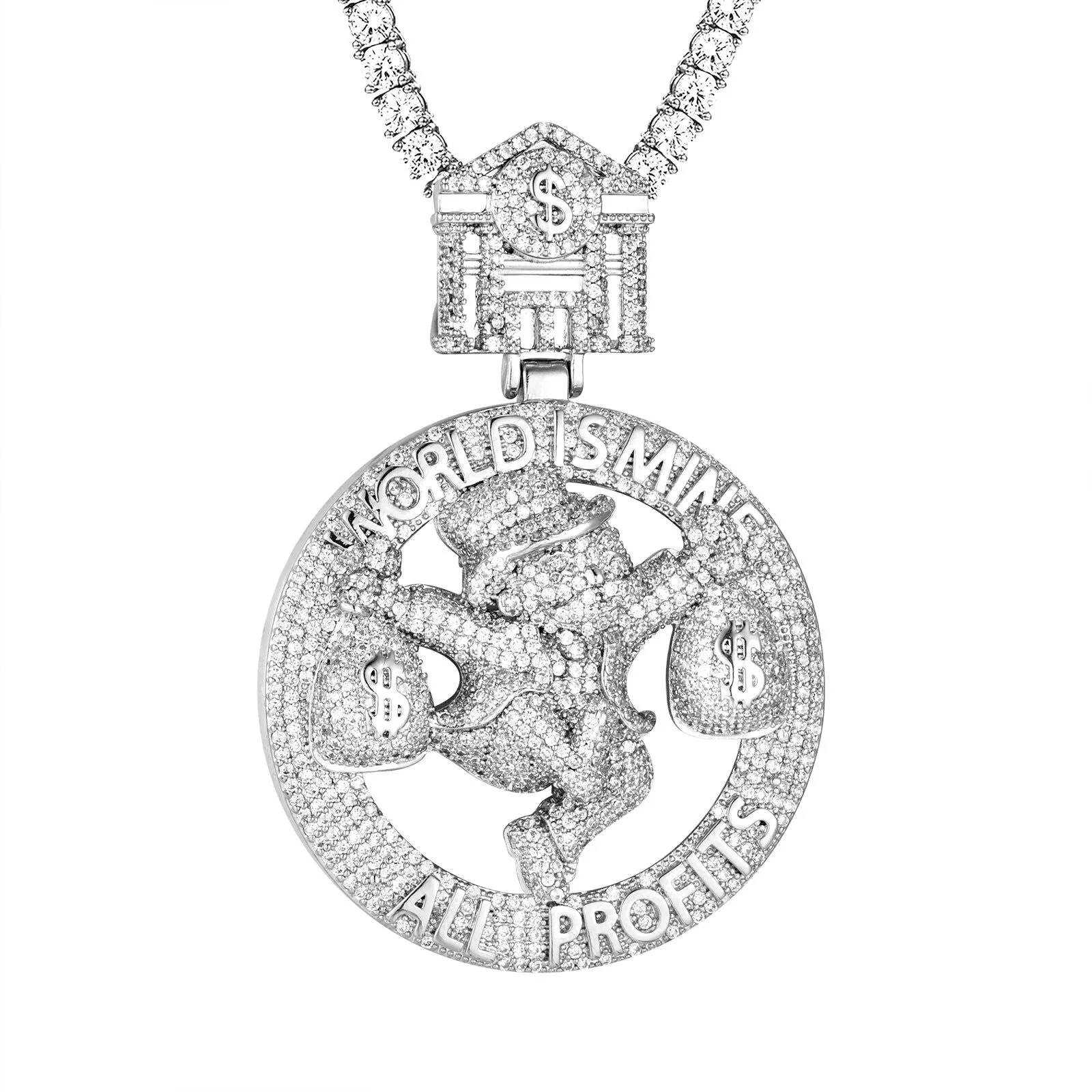 14K White Gold Tone World Is Mine Dollar Bag Custom Pendant
