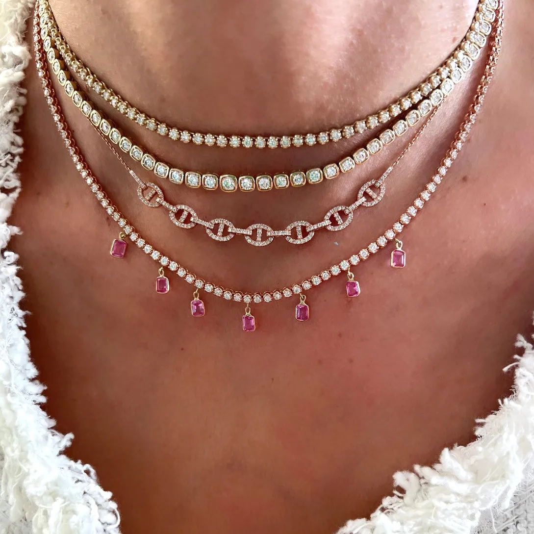 14KT Gold Diamond Mya Drop Pink Sapphire Tennis Necklace
