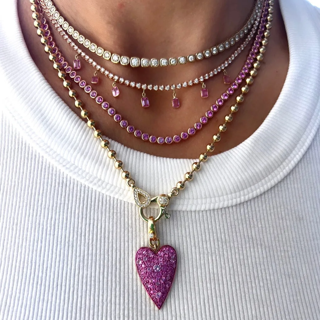 14KT Gold Diamond Mya Drop Pink Sapphire Tennis Necklace