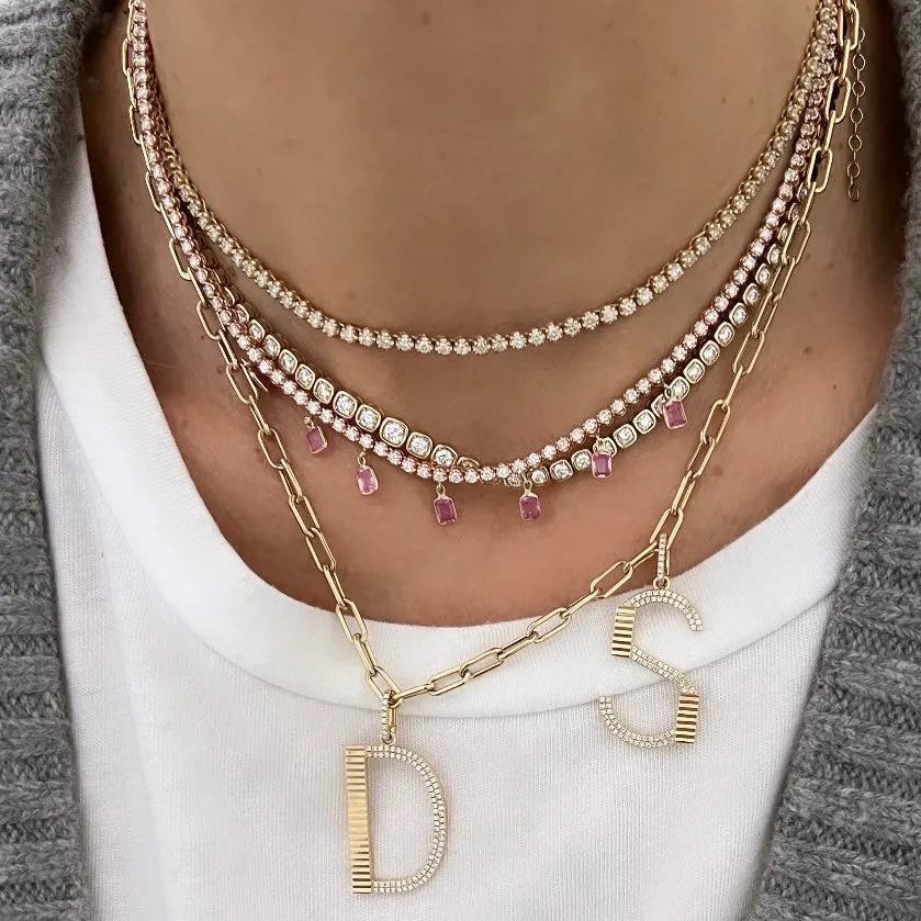 14KT Gold Diamond Mya Drop Pink Sapphire Tennis Necklace