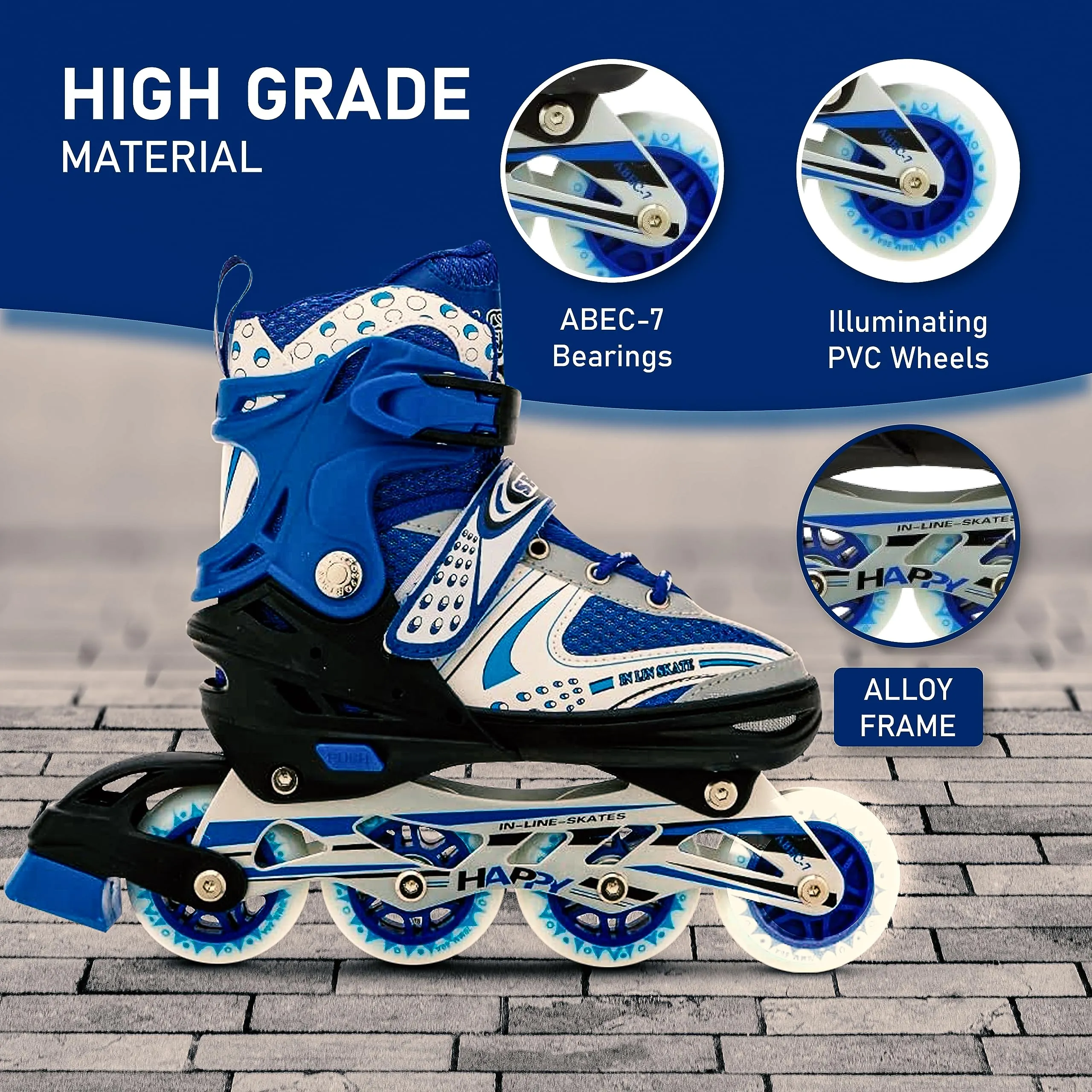 732 Aluminum-Alloy Adjustable Inline Skates | 70mm Wheels | Medium (Blue)