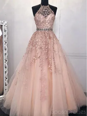 A-line Halter Applique Sleeveless Long Prom Dresses, Sweet 16 Prom Dresses, 12510