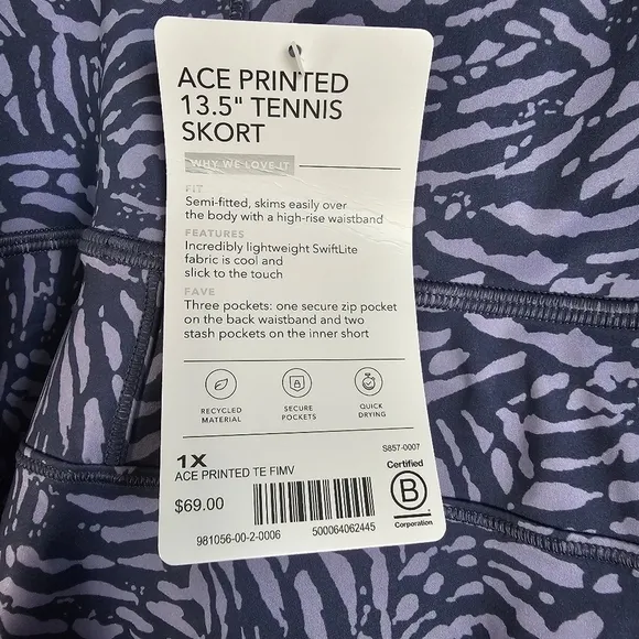 Athleta NWT Ace Printed Tennis Pickleball Skort 13.5&quot; spf 50 womens plus size 1x