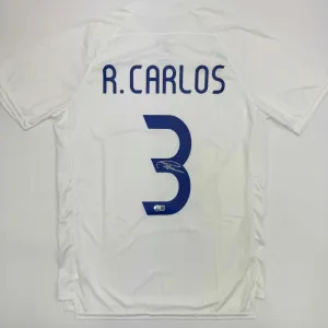Autographed/Signed Roberto Carlos Real Madrid White Soccer Jersey Beckett COA