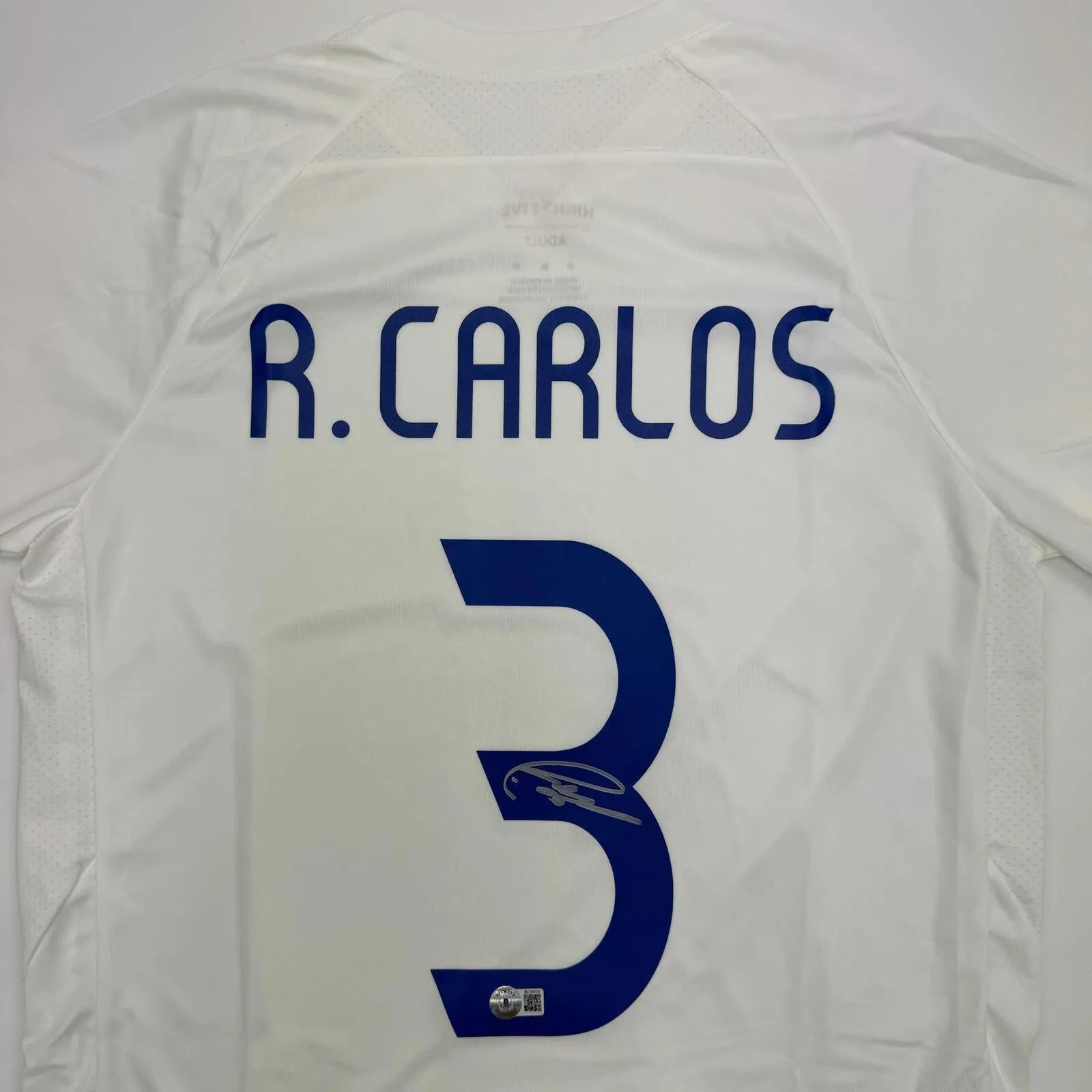 Autographed/Signed Roberto Carlos Real Madrid White Soccer Jersey Beckett COA