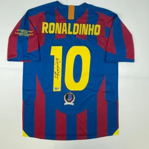 Autographed/Signed Ronaldinho Barcelona Blue/Red Soccer Jersey Beckett BAS COA