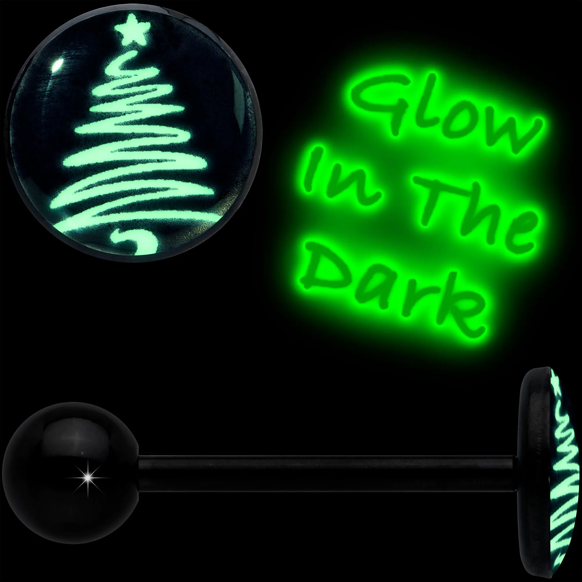 Black Glow in the Dark Holiday Christmas Tree Tongue Ring