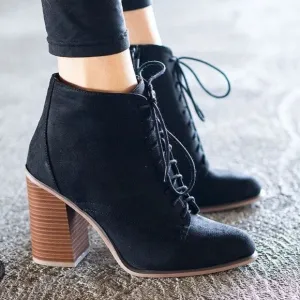 Black Faux Suede Lace Up Wooden Heel