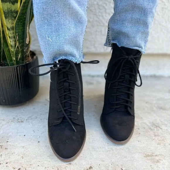 Black Faux Suede Lace Up Wooden Heel
