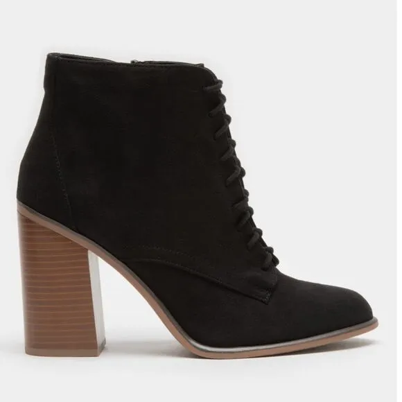 Black Faux Suede Lace Up Wooden Heel