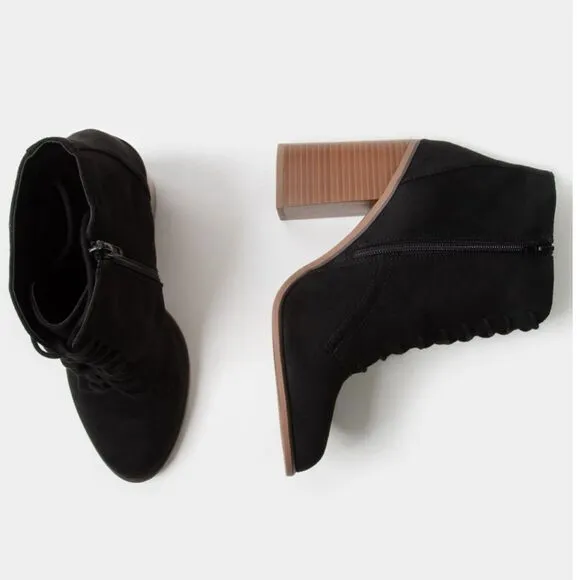 Black Faux Suede Lace Up Wooden Heel