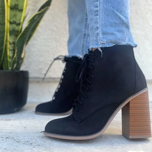 Black Faux Suede Lace Up Wooden Heel