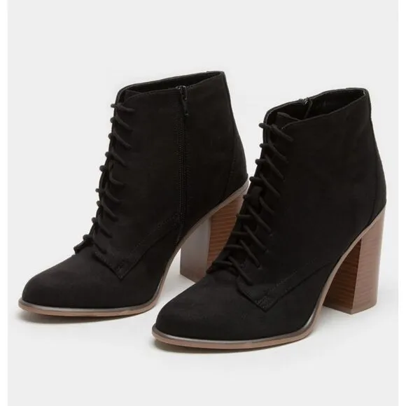 Black Faux Suede Lace Up Wooden Heel