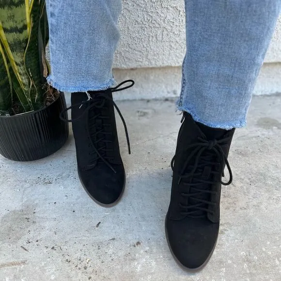 Black Faux Suede Lace Up Wooden Heel