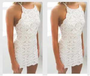 Bodycon White Full Lace Applique Strap Short Homecoming Dresses
