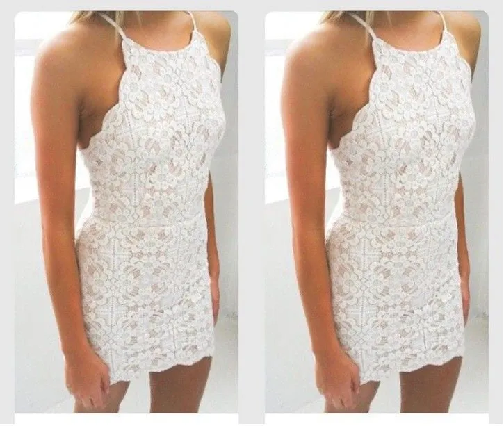 Bodycon White Full Lace Applique Strap Short Homecoming Dresses