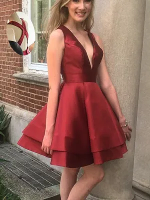 Burgundy Deep V-neck Straps Stain Homecoming Dresses