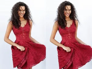 Burgundy V-neck Straps Full Lace Short Homecoming Dresses with beading
