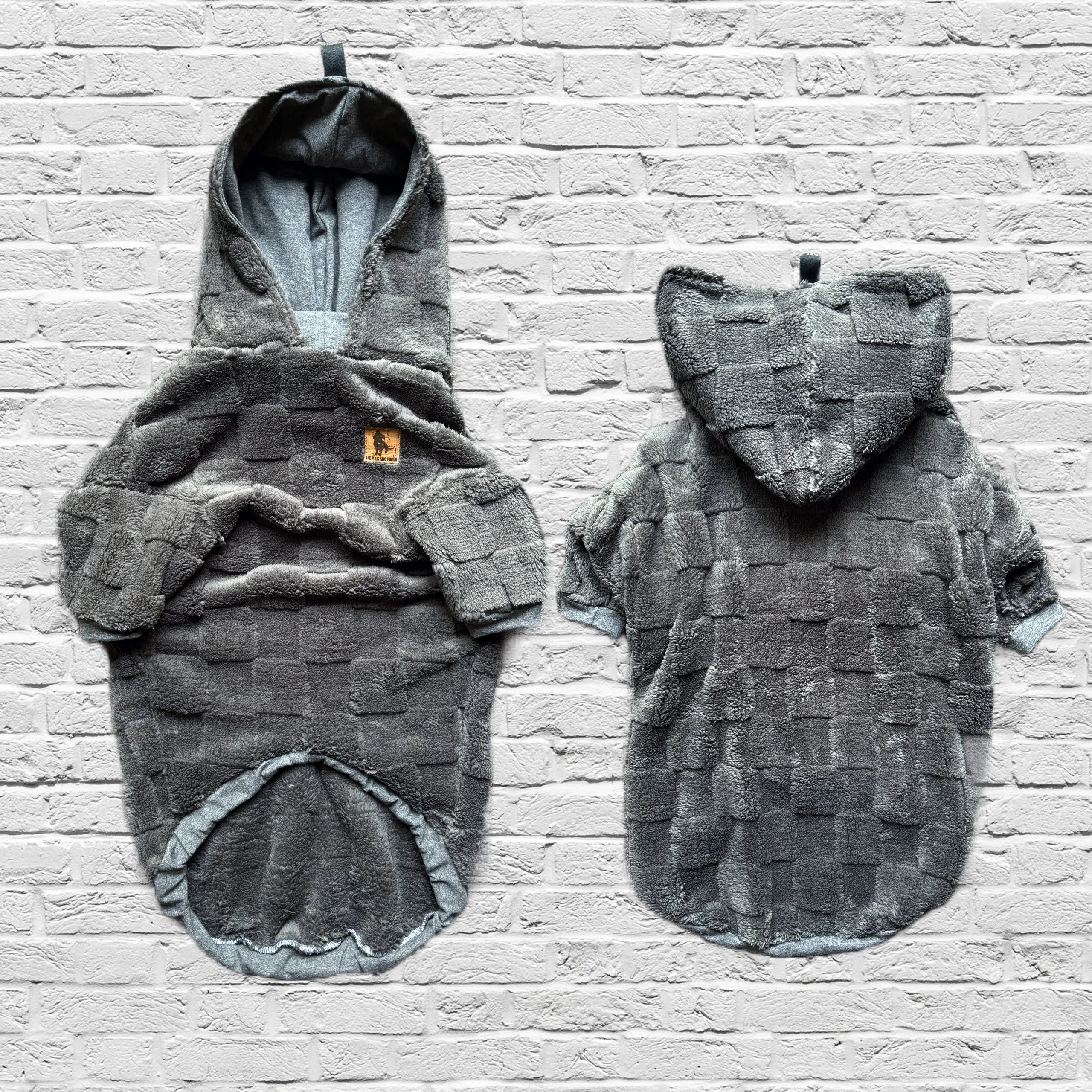 Checkered Floof - Charcoal - Hooded Long Sleeve Fleece