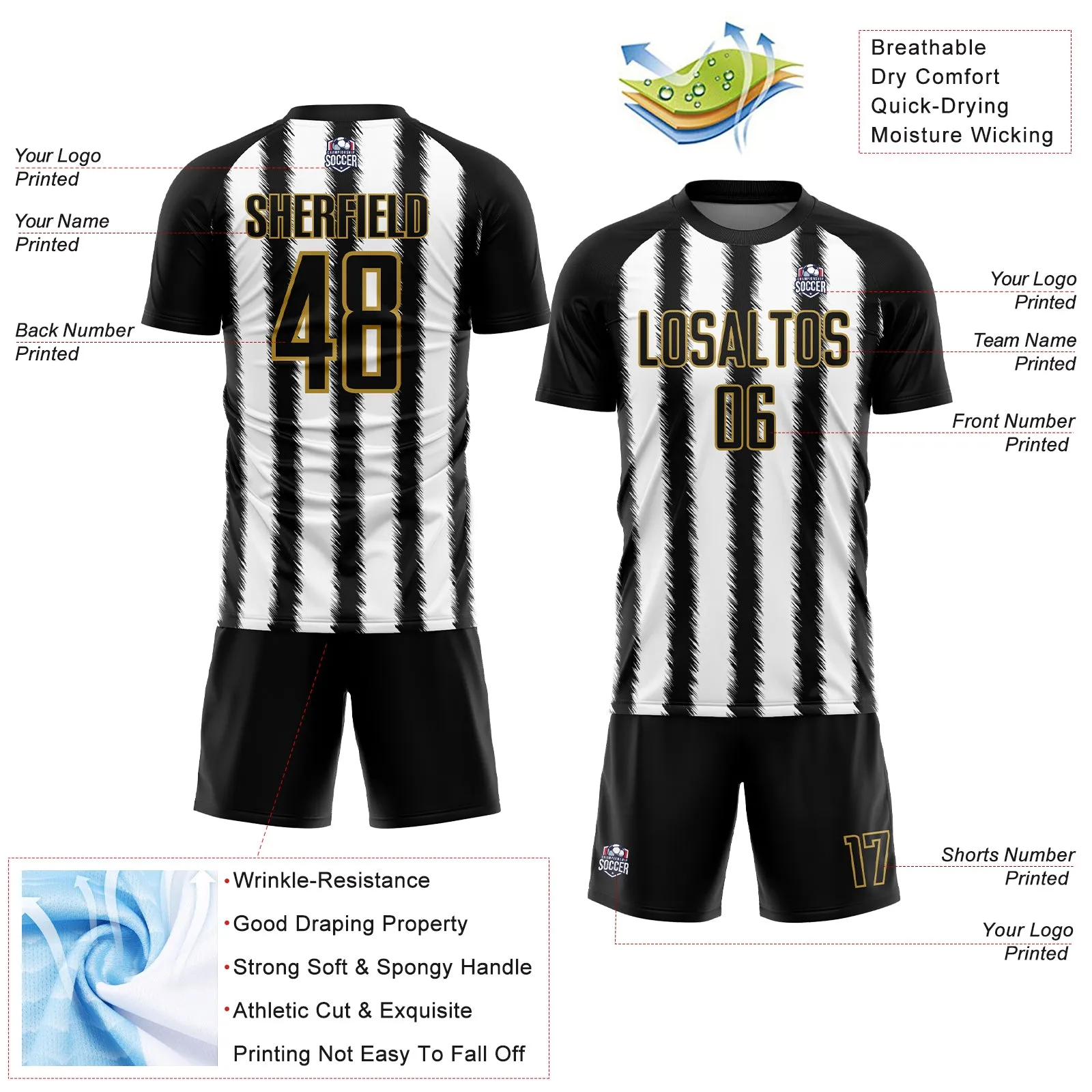 Custom Black White-Old Gold Line Sublimation Soccer Uniform Jersey