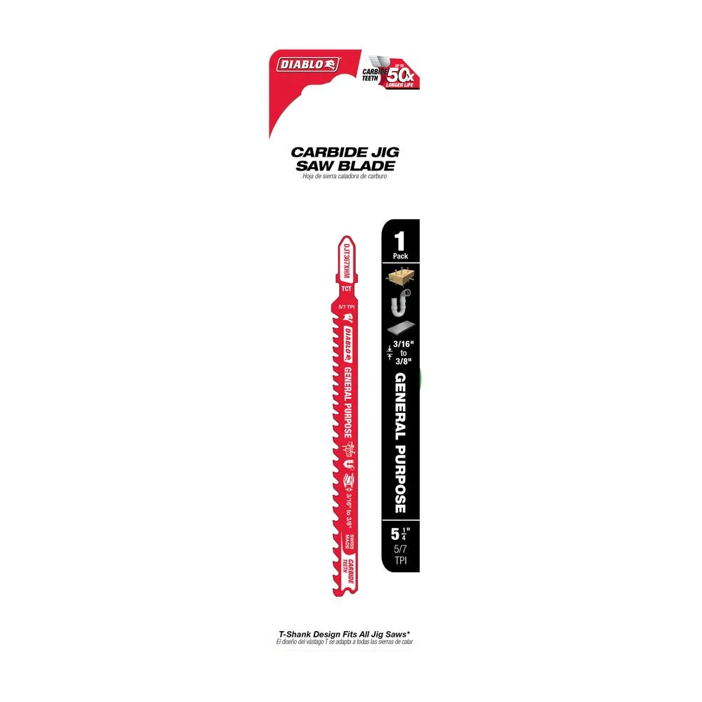 Diablo 5-1/4" 5/7 TPI Carbide T-Shank Jig Saw Blade for General Purpose Applications