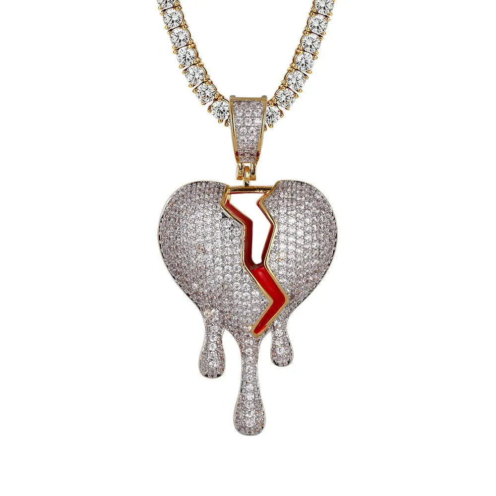 Dripping Broken Heart Red Enamel 925 Silver Bling Rapper Pendant
