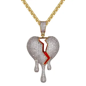 Dripping Broken Heart Red Enamel 925 Silver Bling Rapper Pendant