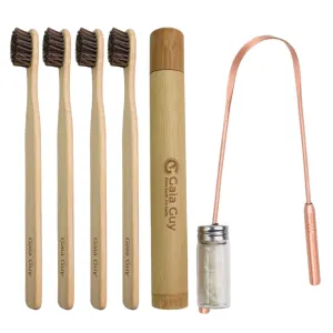 Eco Dental Kit | Bamboo and Horsehair Bristle Toothbrushes   Silk Floss   Travel Case   Copper Tongue Scraper | Zero Waste Bathroom