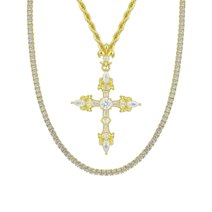 Fleur De Lis Cross Pendant   Tennis Chain Gift Set