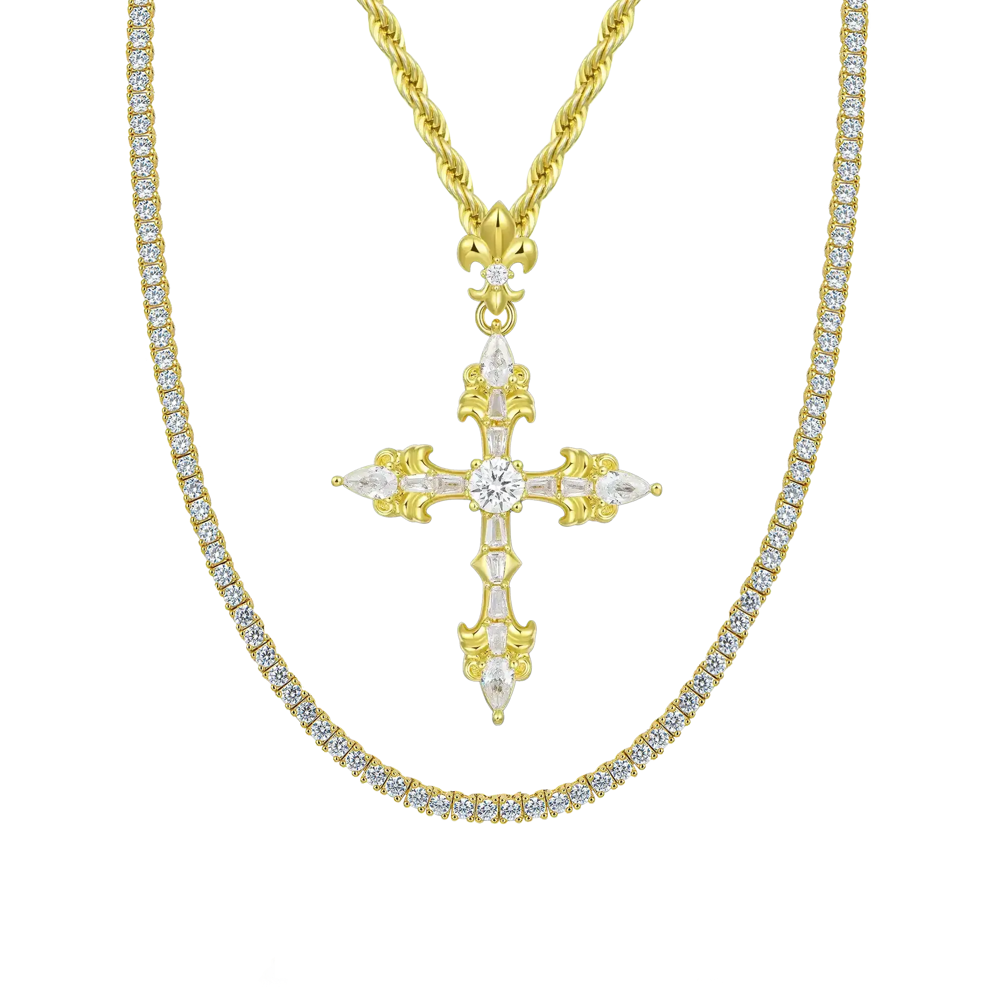 Fleur De Lis Cross Pendant   Tennis Chain Gift Set