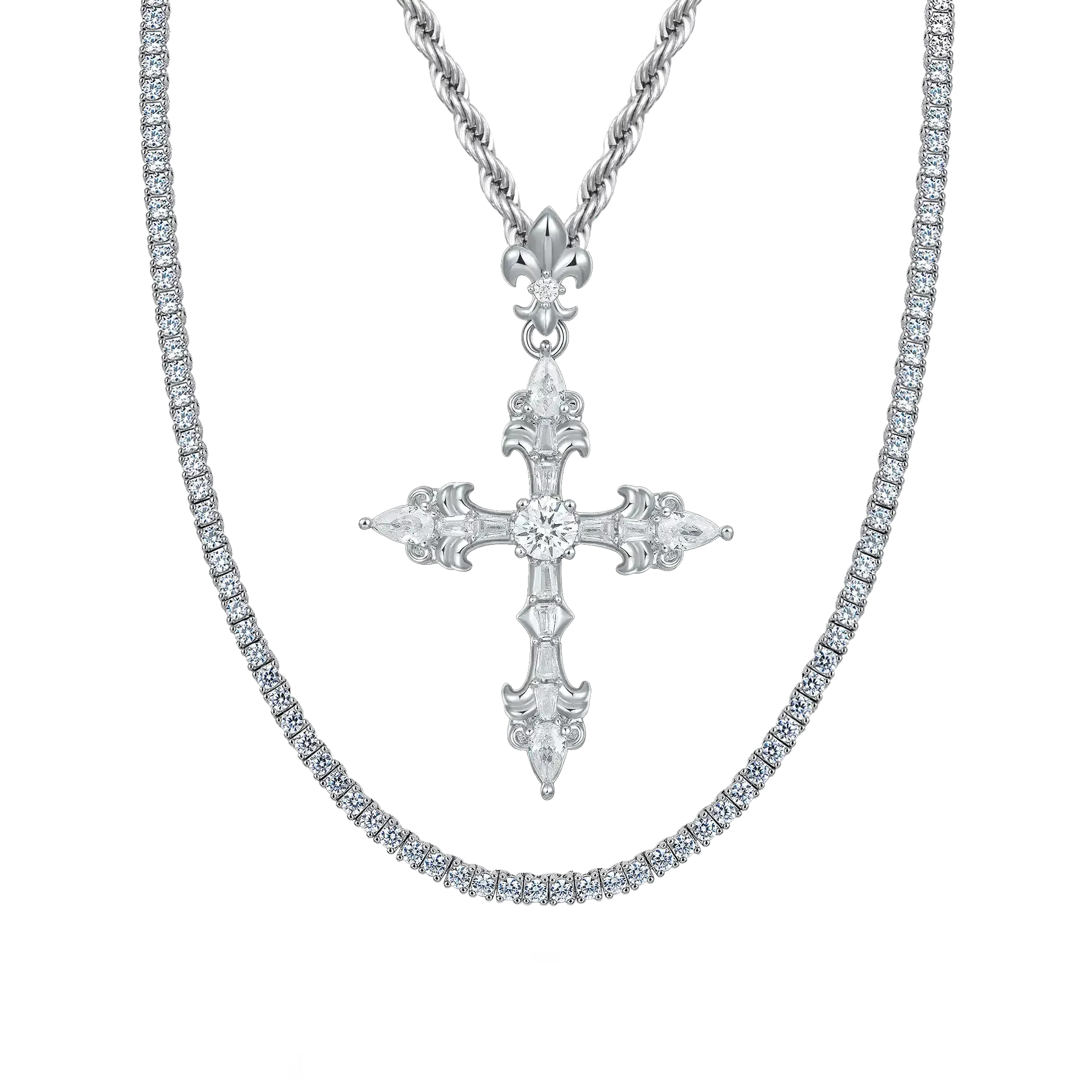 Fleur De Lis Cross Pendant   Tennis Chain Gift Set