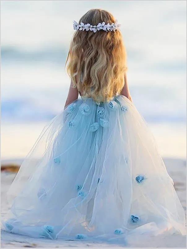 Floor Length Ball Gown Tulle Bateau Flower Girl Dresses With Hand-Made Flower