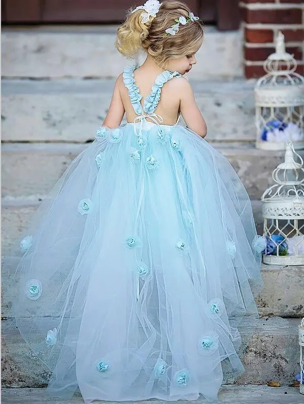 Floor Length Ball Gown Tulle Bateau Flower Girl Dresses With Hand-Made Flower