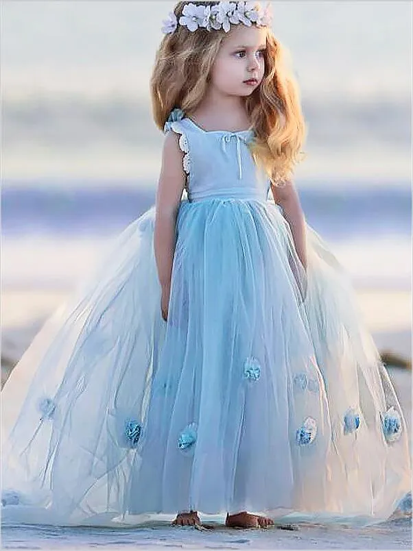 Floor Length Ball Gown Tulle Bateau Flower Girl Dresses With Hand-Made Flower
