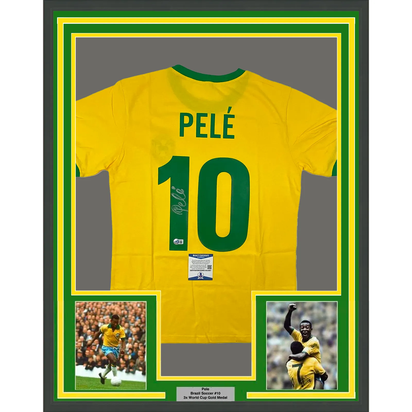 Framed Autographed/Signed Pele 33x42 Brazil Yellow Soccer Jersey BAS COA Auto #2