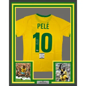 Framed Autographed/Signed Pele 33x42 Brazil Yellow Soccer Jersey BAS COA Auto #2