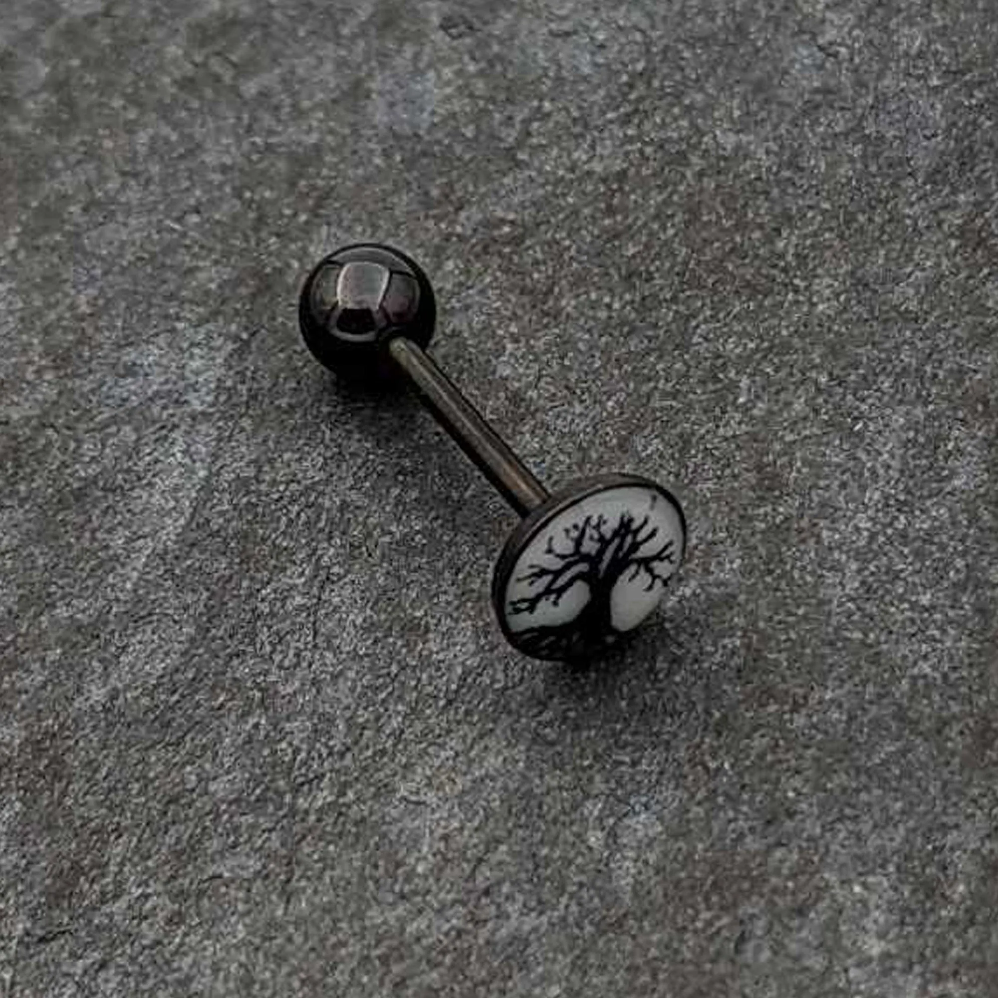 Glow in the Dark Black Anodized Tree of Life Barbell Tongue Ring