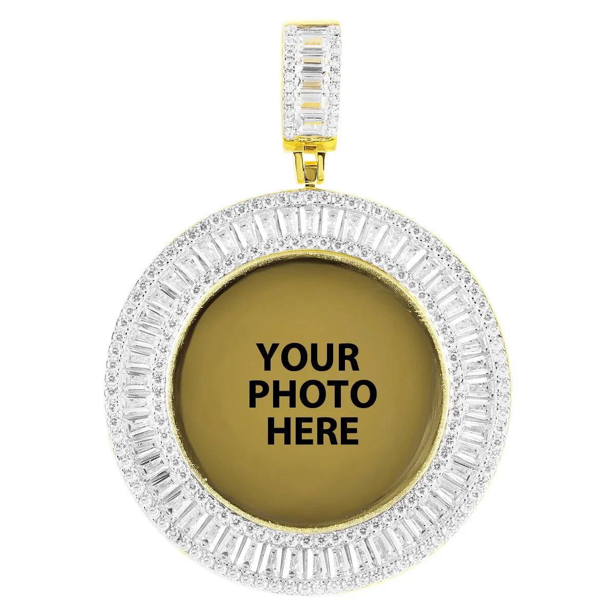 Gold Tone Icy Baguette Round Picture Memory Custom Pendant
