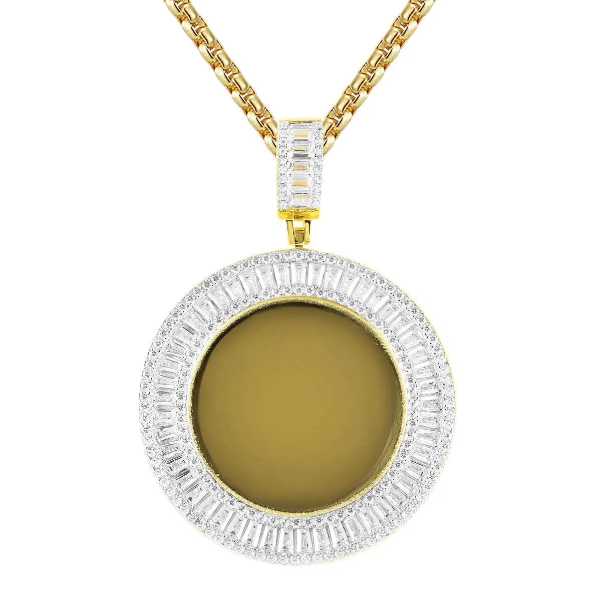 Gold Tone Icy Baguette Round Picture Memory Custom Pendant