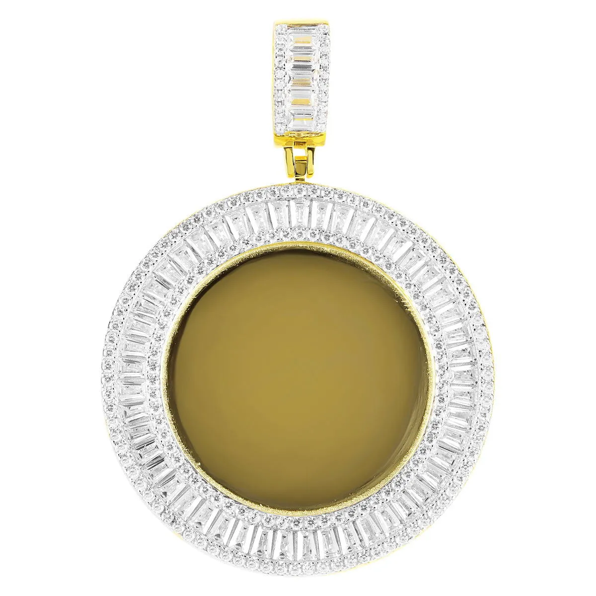 Gold Tone Icy Baguette Round Picture Memory Custom Pendant