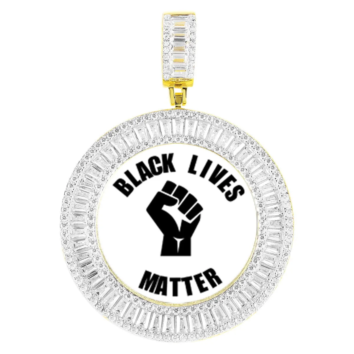 Gold Tone Icy Baguette Round Picture Memory Custom Pendant