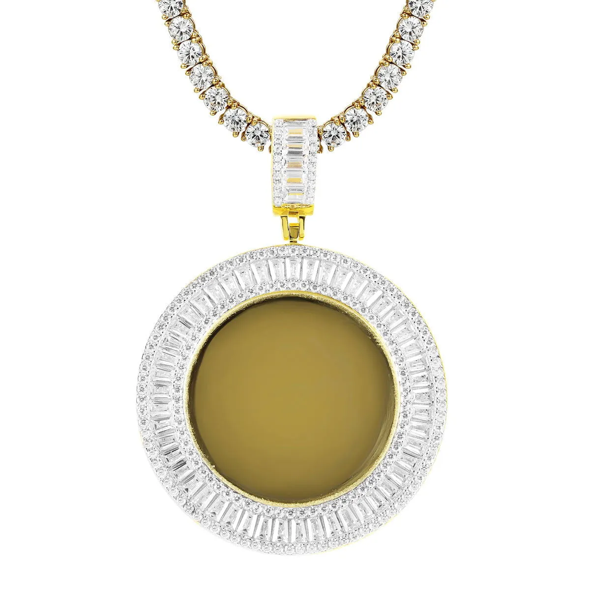 Gold Tone Icy Baguette Round Picture Memory Custom Pendant