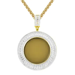 Gold Tone Icy Baguette Round Picture Memory Custom Pendant
