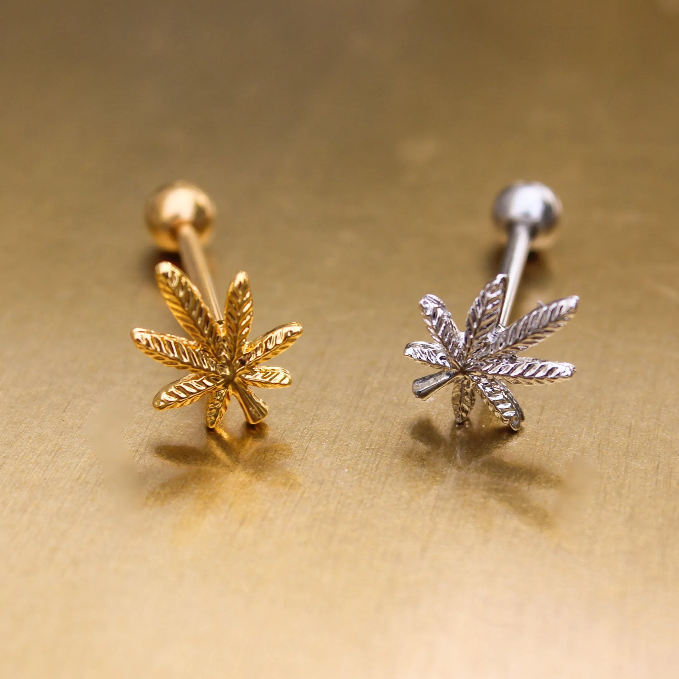 Gold Weed Leaf Tongue Ring