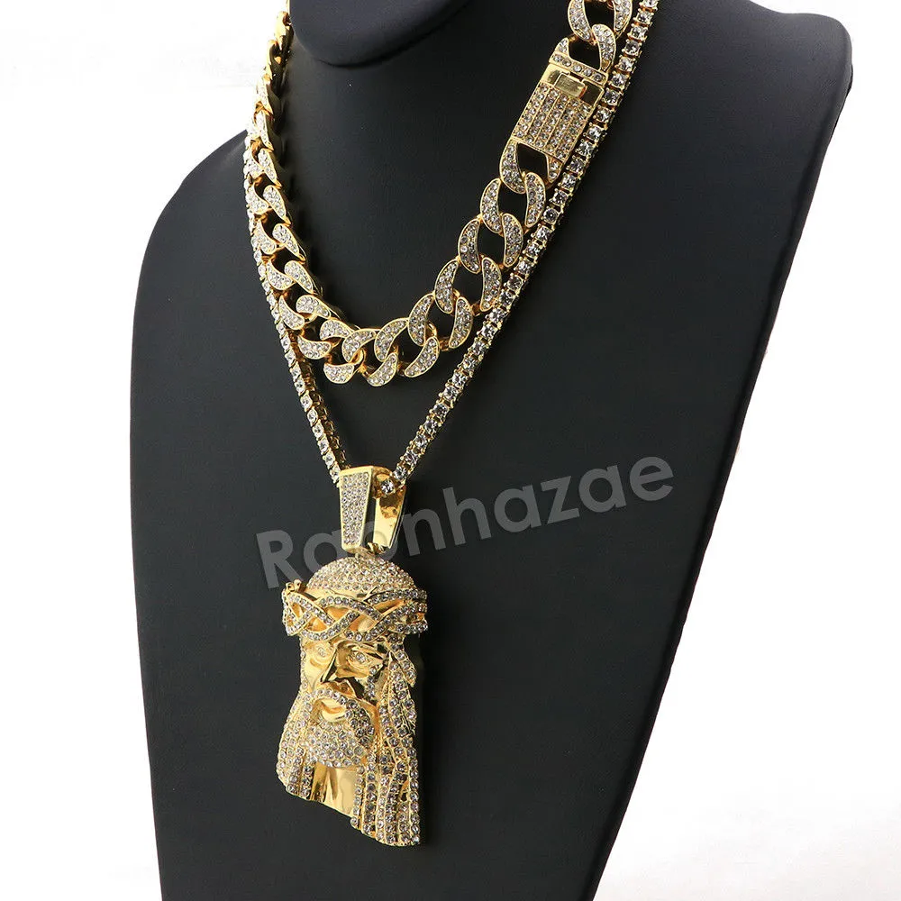 Hip Hop Quavo Jesus Face Miami Cuban Choker Tennis Chain Necklace L29
